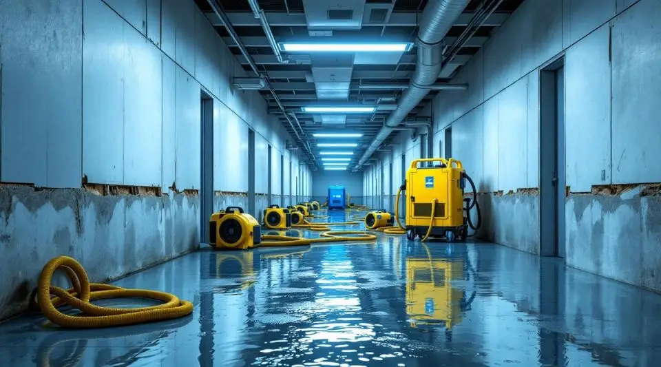 Commercial water extraction crew using industrial dehumidifiers in an Englewood office building lobby.