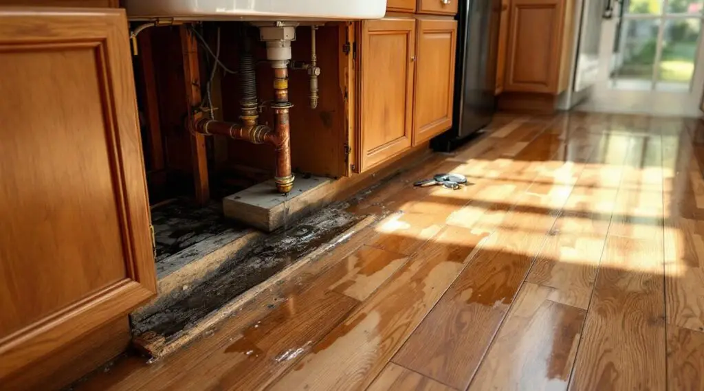 Downpour Restoration technician drying water-damaged kitchen cabinets in an Englewood home after a dishwasher leak.
