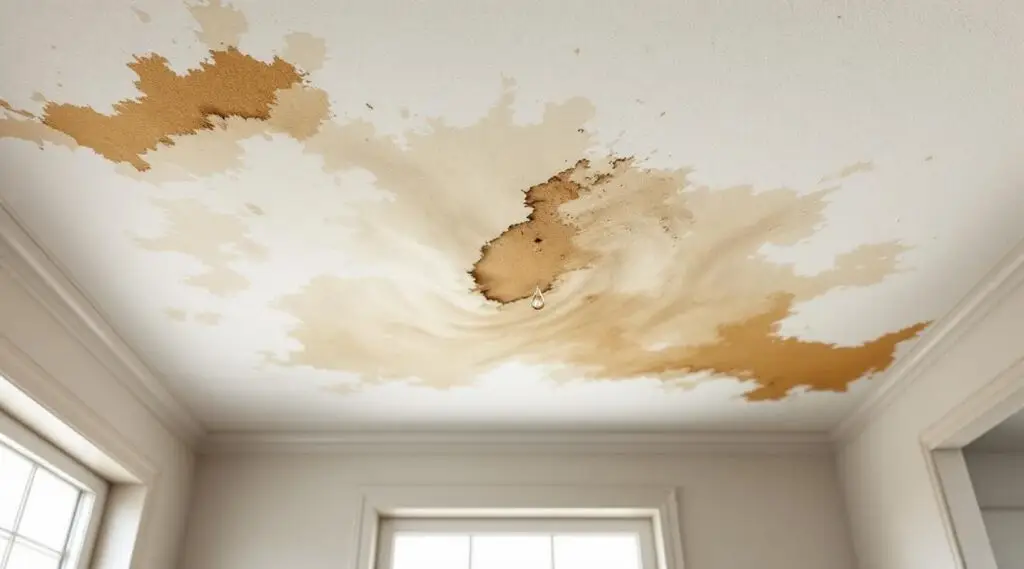 A technician inspecting water stains on a sagging drywall ceiling in an Englewood home, checking for structural damage.