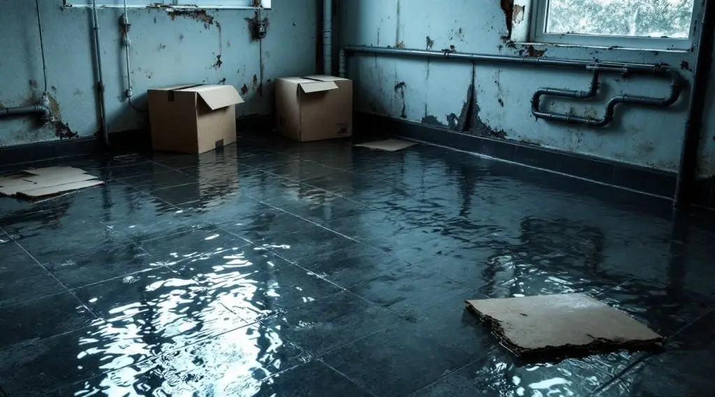 A professional technician using a commercial water extraction pump in a flooded Englewood basement during emergency residential restoration.
