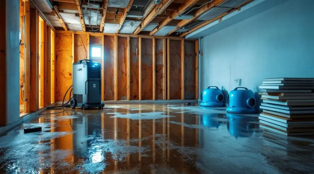 A restoration technician using professional water extraction tools on a wet hardwood floor inside an Englewood home.
