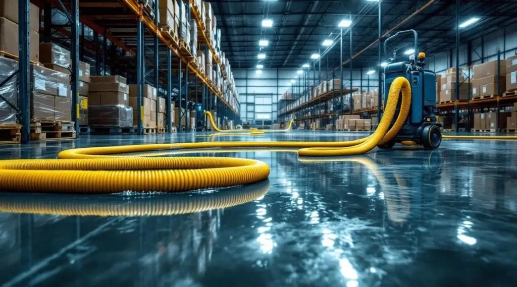 Industrial truck-mount water extraction equipment pumping water from an Englewood warehouse floor with commercial racks.