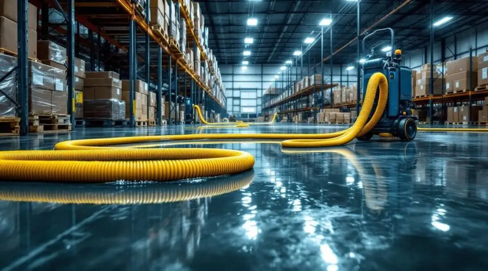 Industrial truck-mount water extraction equipment pumping water from an Englewood warehouse floor with commercial racks.