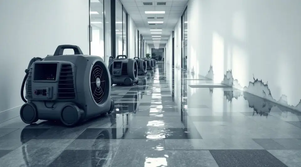 Commercial restoration technicians setting up industrial air movers and dehumidifiers in a flooded Englewood office.