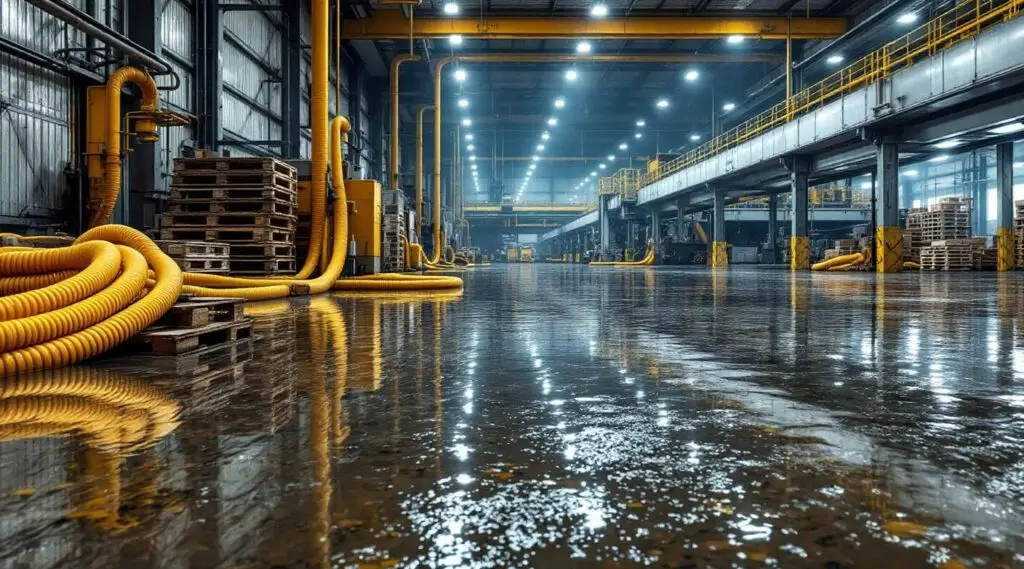 Commercial restoration technicians using heavy-duty water extraction equipment in a flooded Englewood industrial warehouse.
