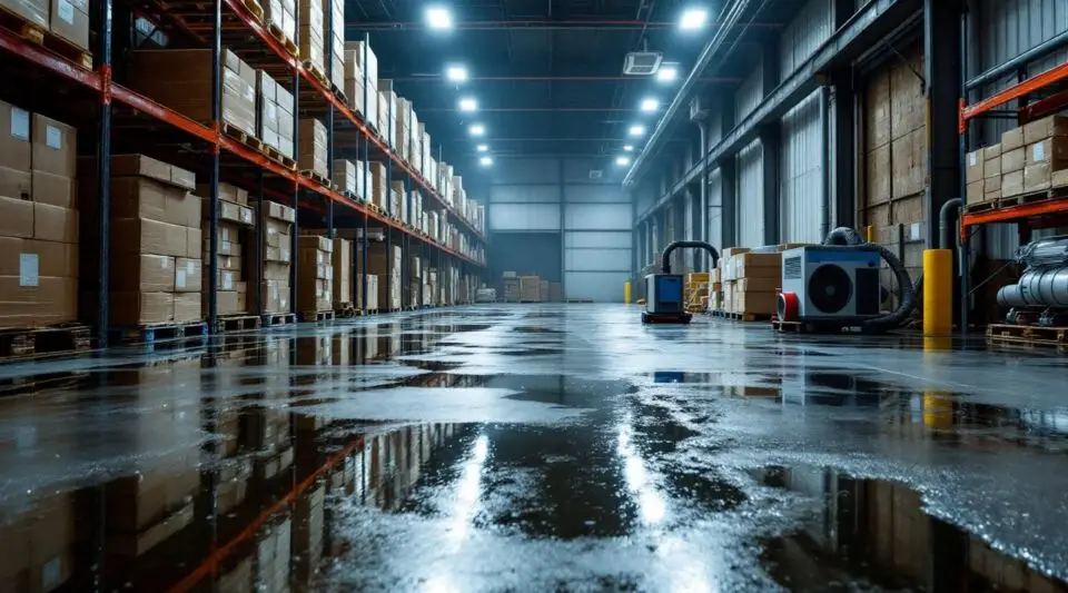 Commercial restoration crew using heavy-duty water extraction equipment on concrete floors inside a flooded Englewood warehouse.