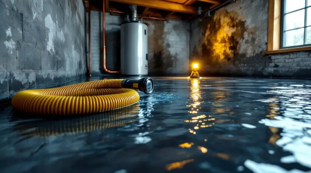 A professional technician using a water extraction vacuum on a damaged hardwood floor in an Englewood home, focused mood.