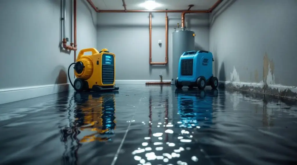 Downpour Restoration technician using a water extraction vacuum on wet hardwood floors in an Englewood home.