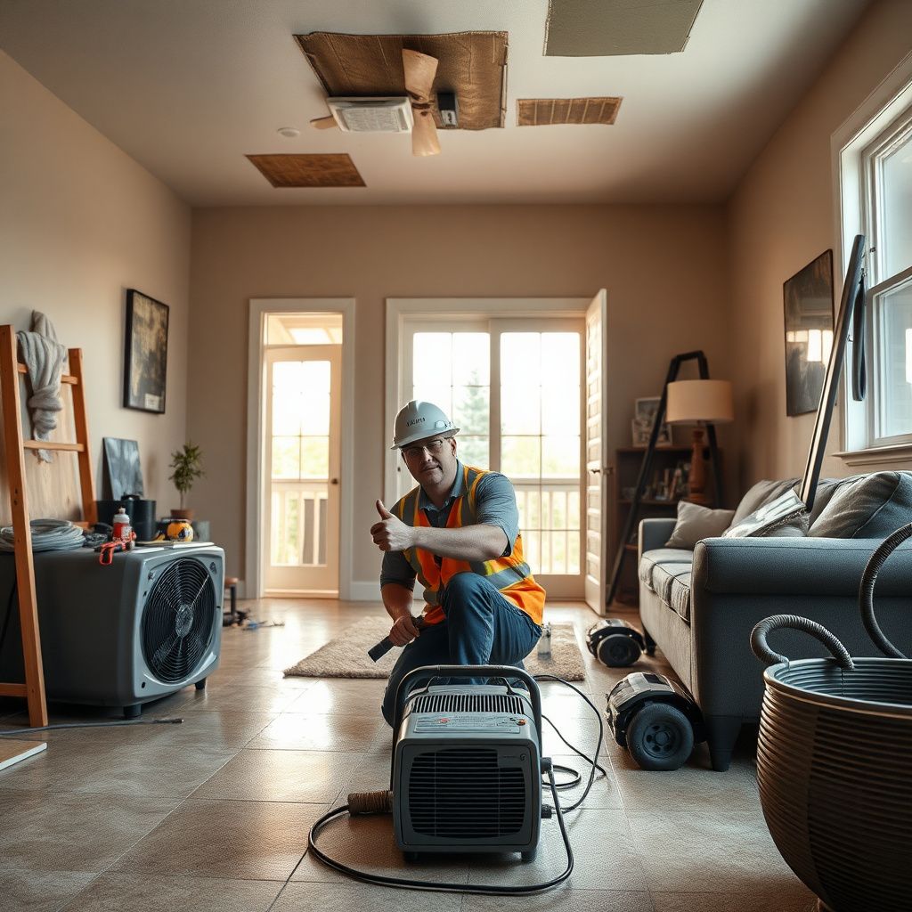An IICRC-certified technician monitoring drying progress with a moisture meter in a Highlands Ranch home.