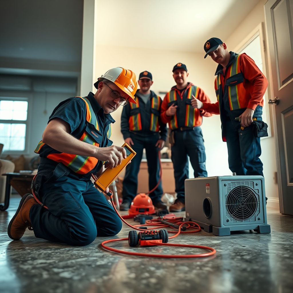 An IICRC-certified technician setting up commercial air movers to dry a hardwood floor in Denver.