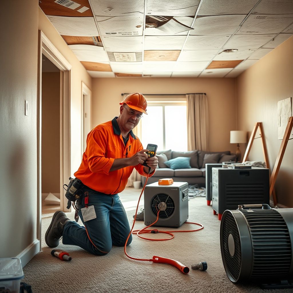 An IICRC-certified technician setting up commercial dehumidifiers and air movers inside a water-damaged Wheat Ridge basement.