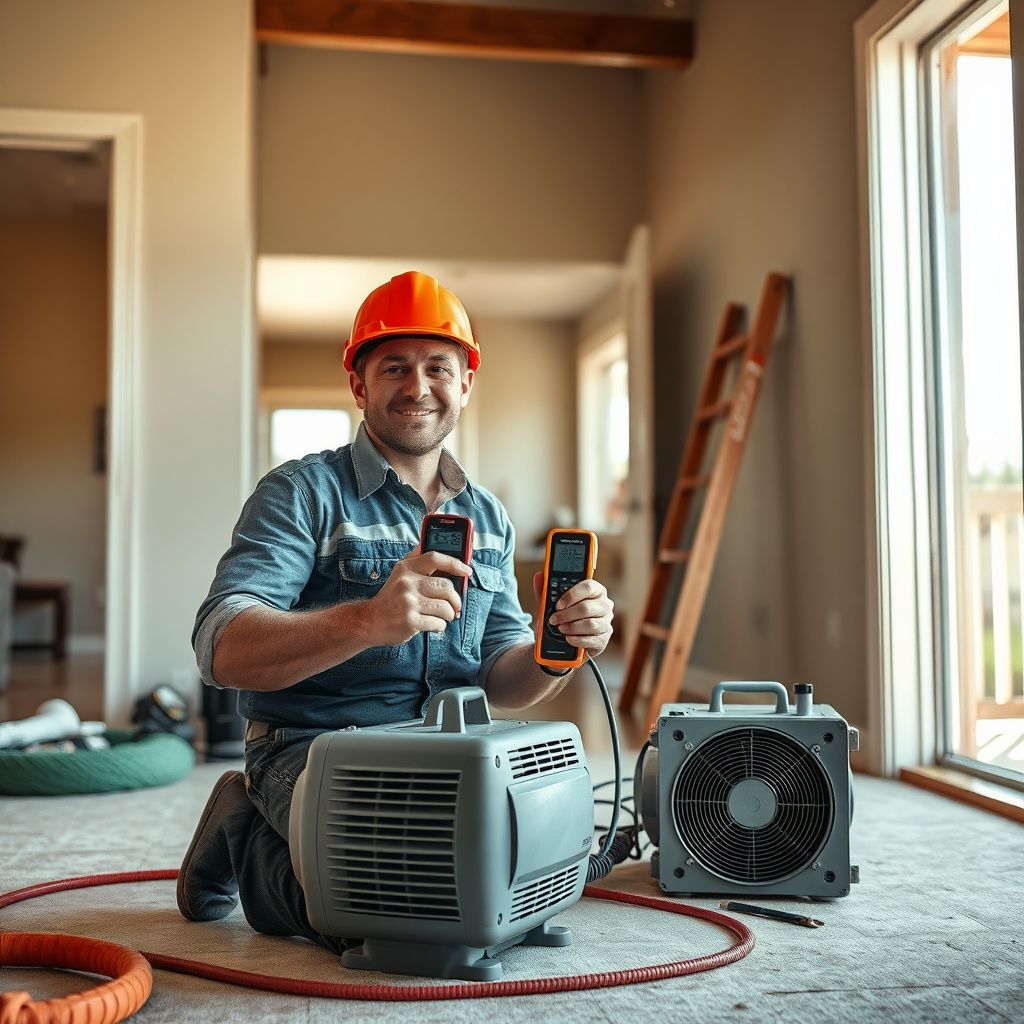 A Downpour Restoration technician using a moisture meter to inspect a basement wall in Sheridan.