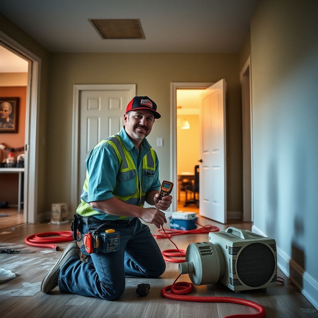 A professional moisture meter showing dry readings on a restored wall in a Centennial home.
